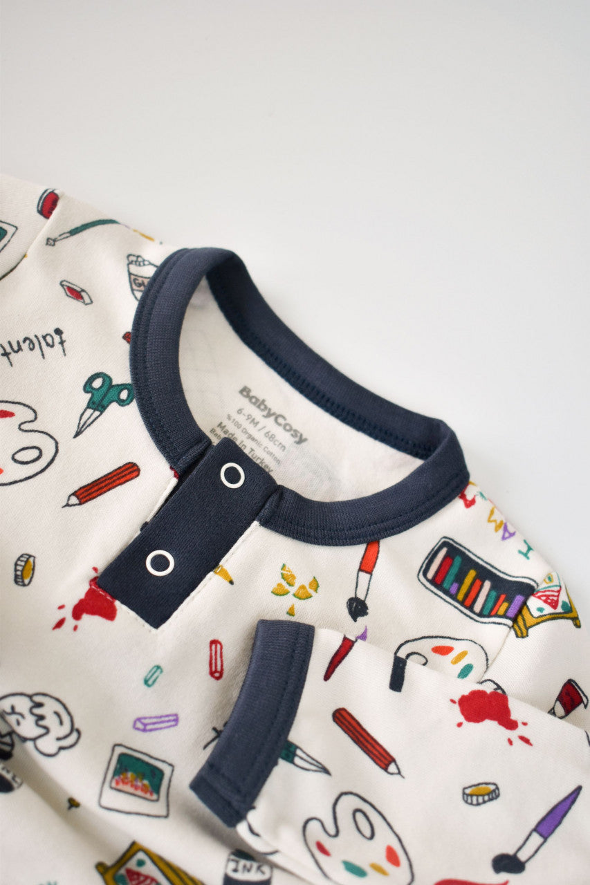 Set bluzita cu maneca lunga si nasturei si pantaloni lungi, 100% bumbac organic, BabyCosy, Bleumarin