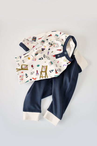 Set bluzita cu maneca lunga si nasturei si pantaloni lungi, 100% bumbac organic, BabyCosy, Bleumarin