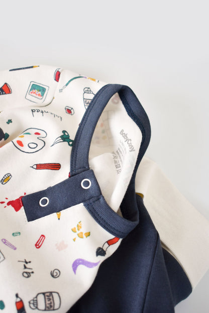 Set bluzita cu maneca lunga si nasturei si pantaloni lungi, 100% bumbac organic, BabyCosy, Bleumarin