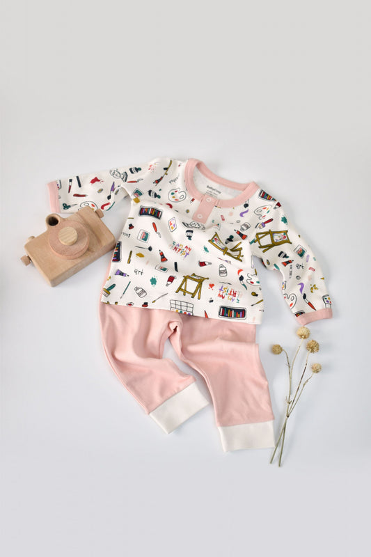 Set bluzita cu maneca lunga si nasturei si pantaloni lungi, 100% bumbac organic, BabyCosy, Pudra - Bluza, Pantaloni