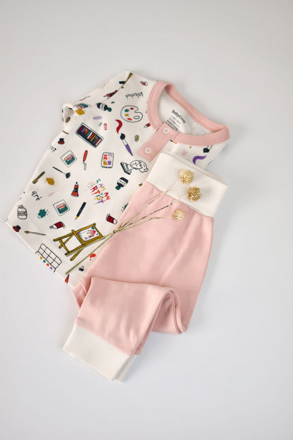 Set bluzita cu maneca lunga si nasturei si pantaloni lungi, 100% bumbac organic, BabyCosy, Pudra