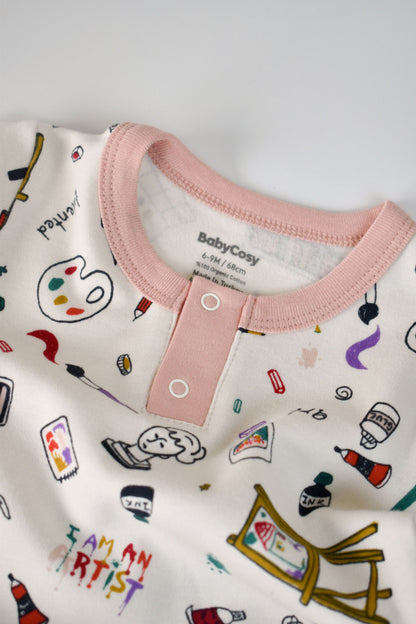 Set bluzita cu maneca lunga si nasturei si pantaloni lungi, 100% bumbac organic, BabyCosy, Pudra