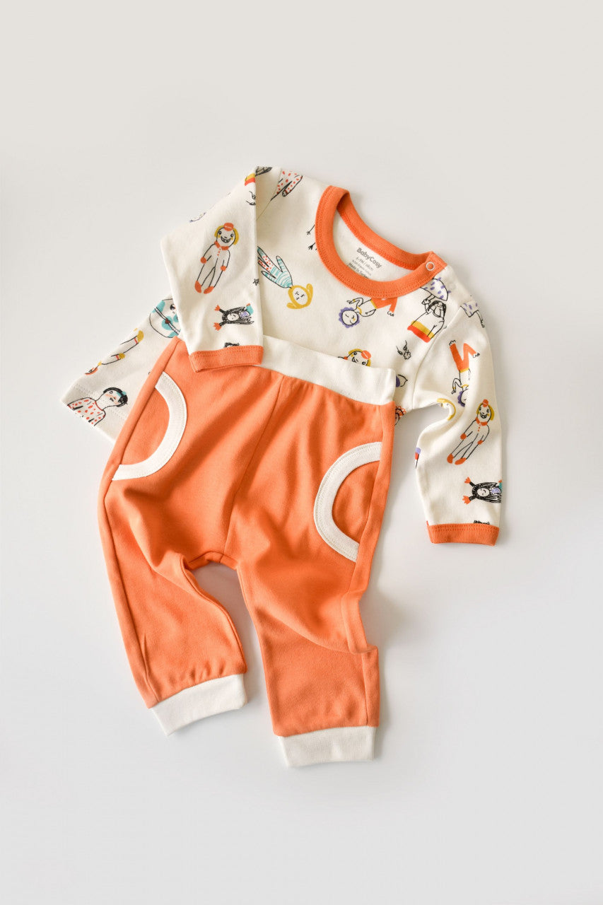 Set bluzita cu maneca lunga si pantaloni lungi, 100% bumbac organic, BabyCosy, Portocaliu