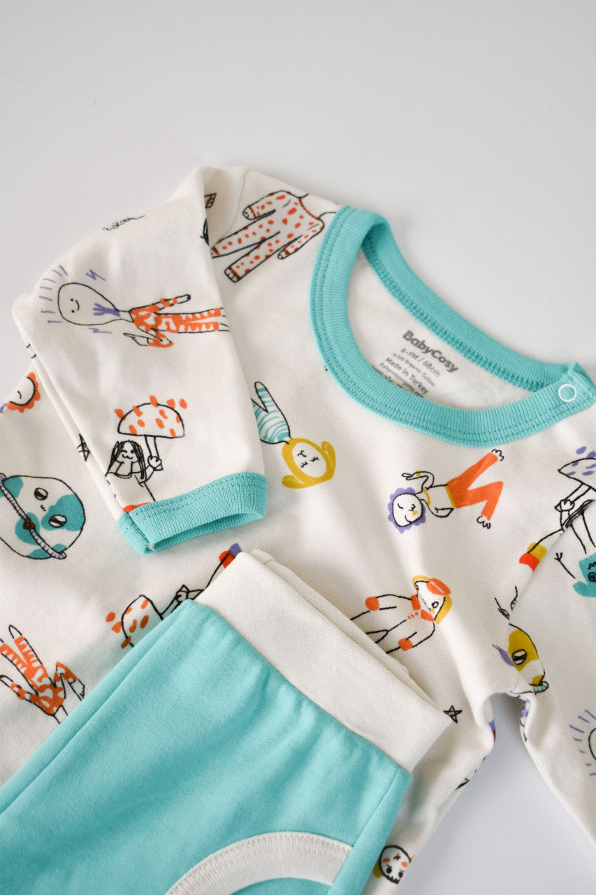 Set bluzita cu maneca lunga si pantaloni lungi, 100% bumbac organic, BabyCosy, Verde