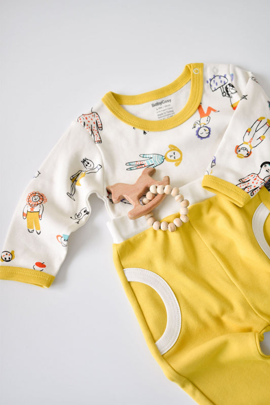 Set bluzita cu maneca lunga si pantaloni lungi, 100% bumbac organic, BabyCosy, Galben - Bluza, Pantaloni