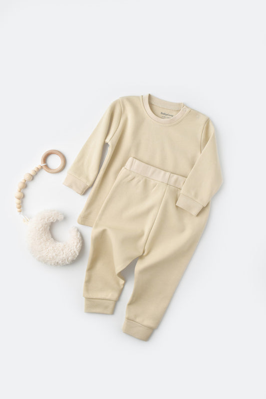 Set bluzita cu maneca lunga si pantaloni lungi - bumbac organic 100% - Crem, BabyCosy
