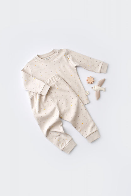 Set bluzita cu maneca lunga si pantaloni lungi - bumbac organic 100% - Crem cu buline, BabyCosy