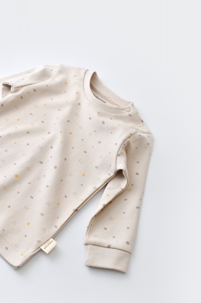 Set bluzita cu maneca lunga si pantaloni lungi - bumbac organic 100% - Crem cu buline, BabyCosy