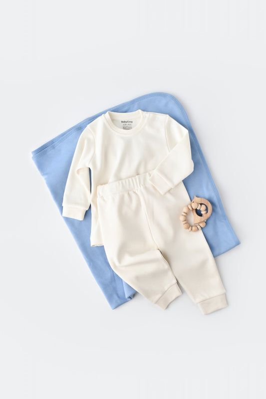 Set bluzita cu maneca lunga si pantaloni lungi - bumbac organic 100% - Ecru, BabyCosy