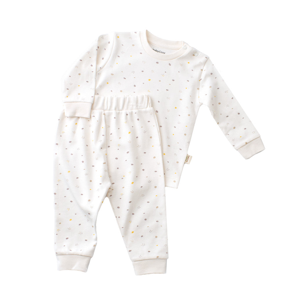 Set bluzita cu maneca lunga si pantaloni lungi - bumbac organic 100% - Ecru cu buline, BabyCosy