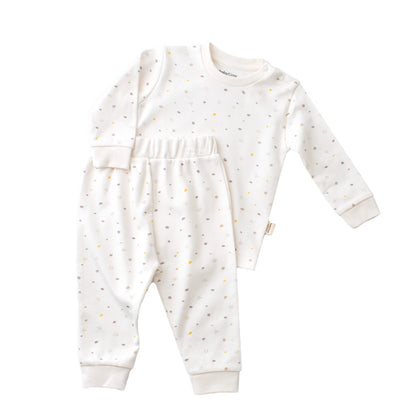 Set bluzita cu maneca lunga si pantaloni lungi - bumbac organic 100% - Ecru cu buline, BabyCosy