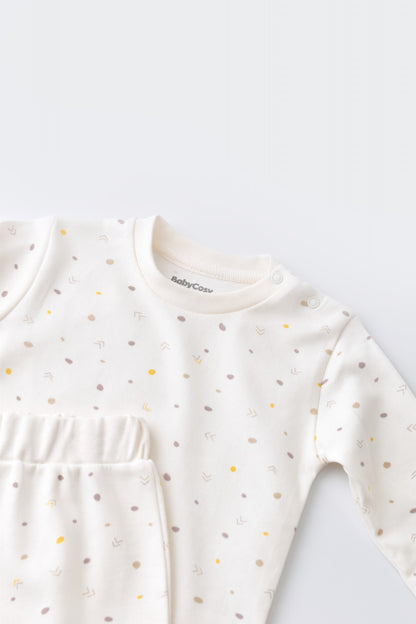 Set bluzita cu maneca lunga si pantaloni lungi - bumbac organic 100% - Ecru cu buline, BabyCosy