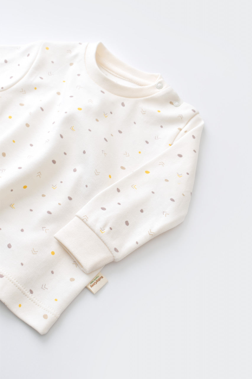 Set bluzita cu maneca lunga si pantaloni lungi - bumbac organic 100% - Ecru cu buline, BabyCosy