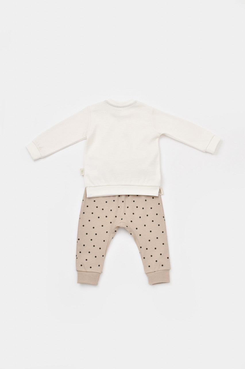 Set bluzita cu maneca lunga si pantaloni lungi cu buline Girafa, BabyCosy, 100% bumbac organic, Ecru