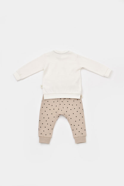 Set bluzita cu maneca lunga si pantaloni lungi cu buline Girafa, BabyCosy, 100% bumbac organic, Ecru