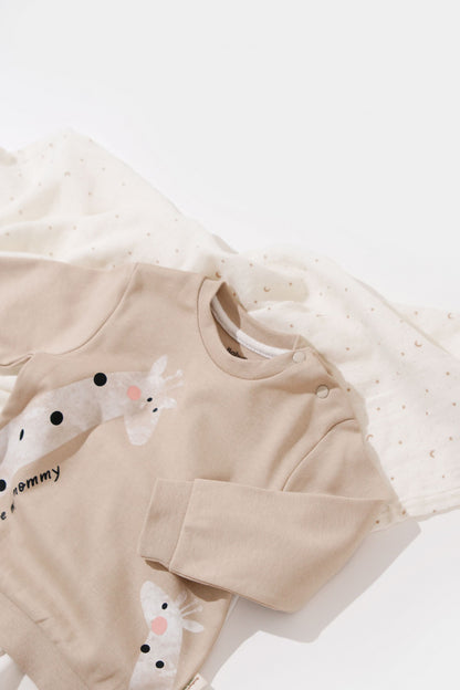 Set bluzita cu maneca lunga si pantaloni lungi cu buline Girafa, BabyCosy, 100% bumbac organic, Mink