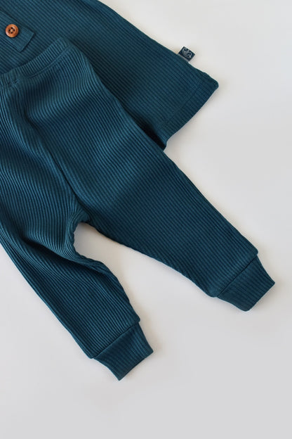 Set bluzita cu maneca lunga si pantaloni lungi din bumbac organic si modal - Bleumarin BabyCosy