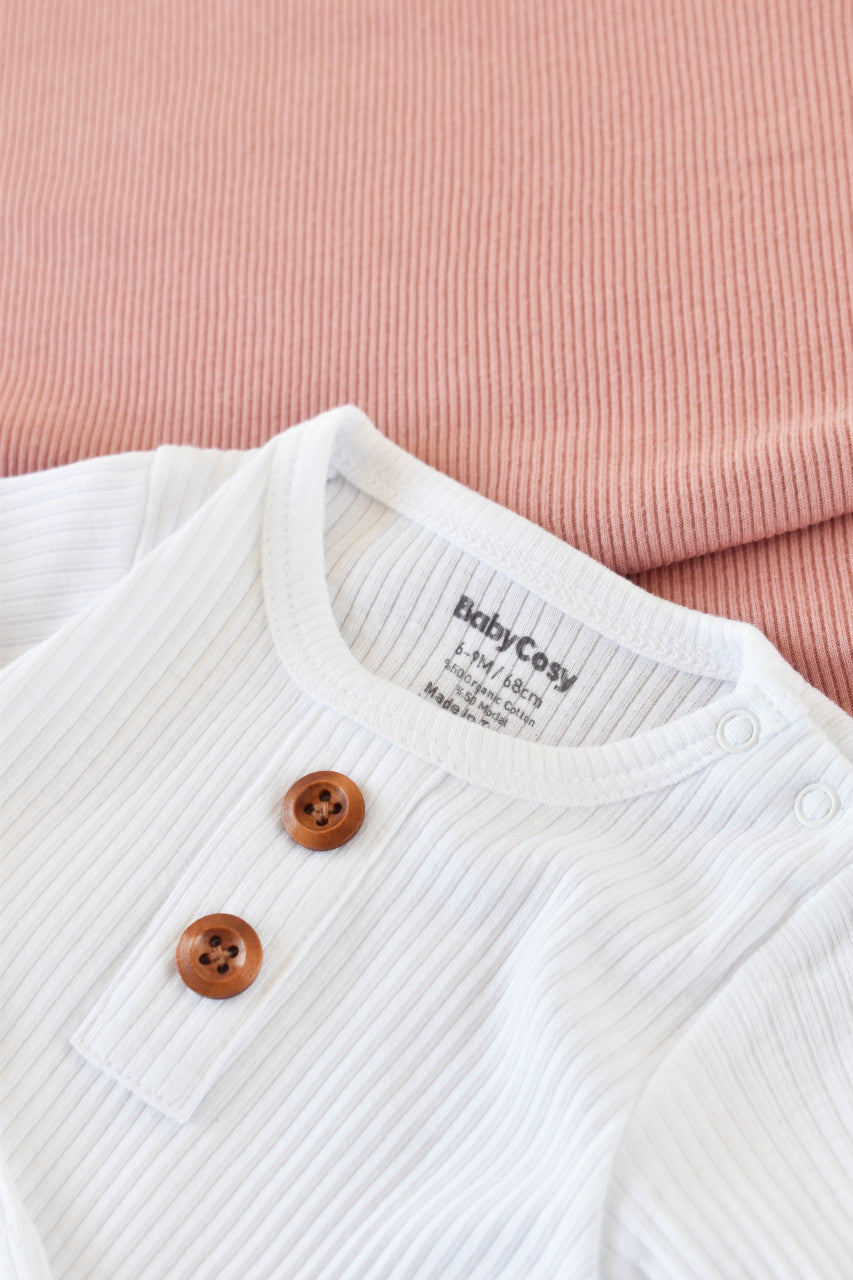 Set bluzita cu maneca lunga si pantaloni lungi din bumbac organic si modal - Alb BabyCosy