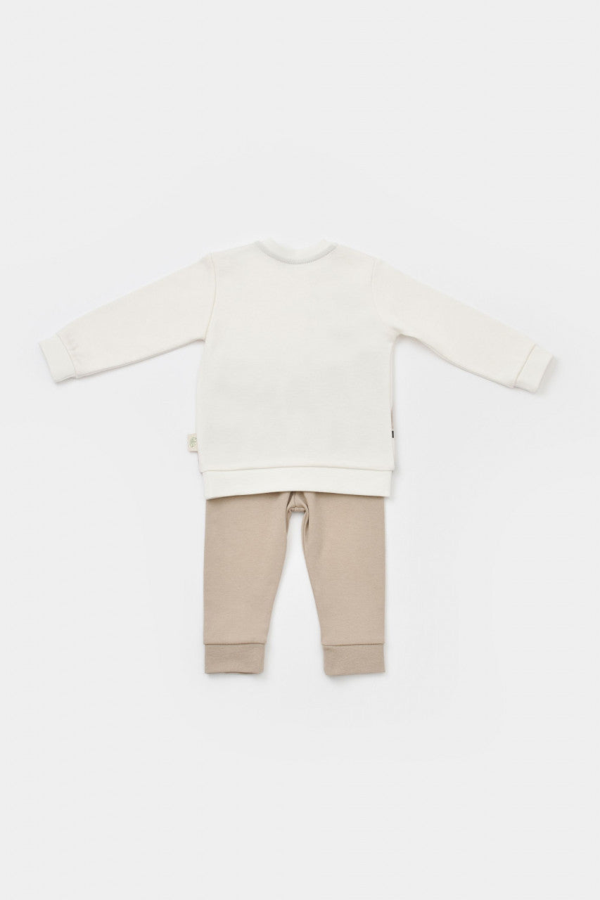 Set bluzita cu maneca lunga si pantaloni lungi Girafa, BabyCosy, 100% bumbac organic, Ecru