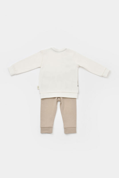 Set bluzita cu maneca lunga si pantaloni lungi Girafa, BabyCosy, 100% bumbac organic, Ecru