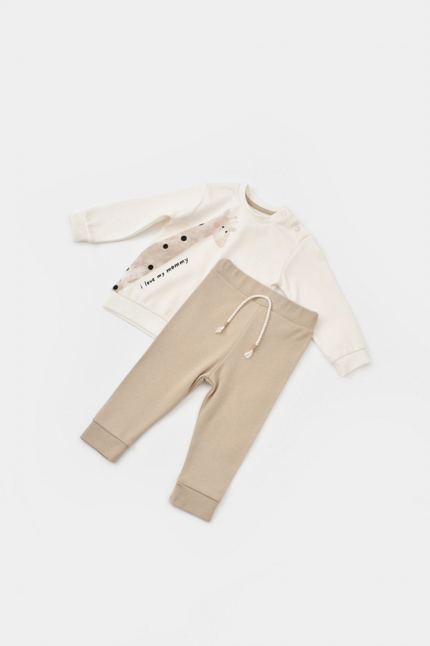 Set bluzita cu maneca lunga si pantaloni lungi Girafa, BabyCosy, 100% bumbac organic, Ecru