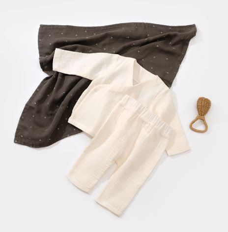 Set bluzita petrecuta si pantaloni lungi din muselina, BabyCosy, 100% bumbac organic, Ecru