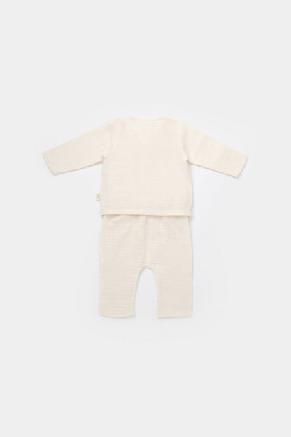 Set bluzita petrecuta si pantaloni lungi din muselina, BabyCosy, 100% bumbac organic, Ecru