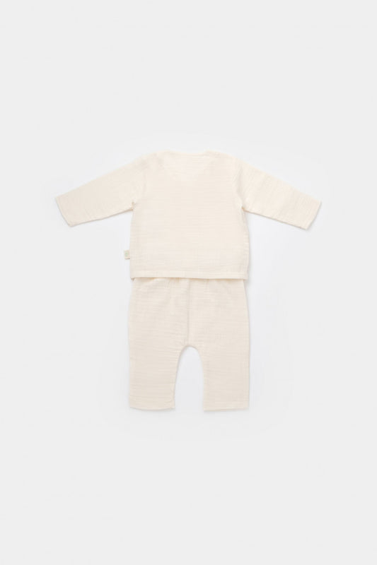 Set bluzita petrecuta si pantaloni lungi din muselina, BabyCosy, 100% bumbac organic, Ecru