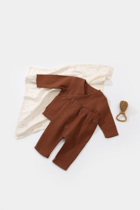 Set bluzita petrecuta si pantaloni lungi din muselina, BabyCosy, 100% bumbac organic, Caramiziu - Bluza, Pantaloni