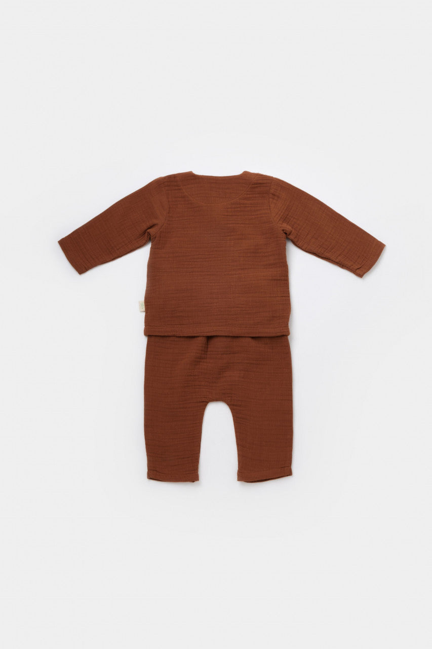 Set bluzita petrecuta si pantaloni lungi din muselina, BabyCosy, 100% bumbac organic, Caramiziu