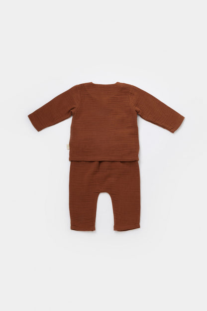 Set bluzita petrecuta si pantaloni lungi din muselina, BabyCosy, 100% bumbac organic, Caramiziu