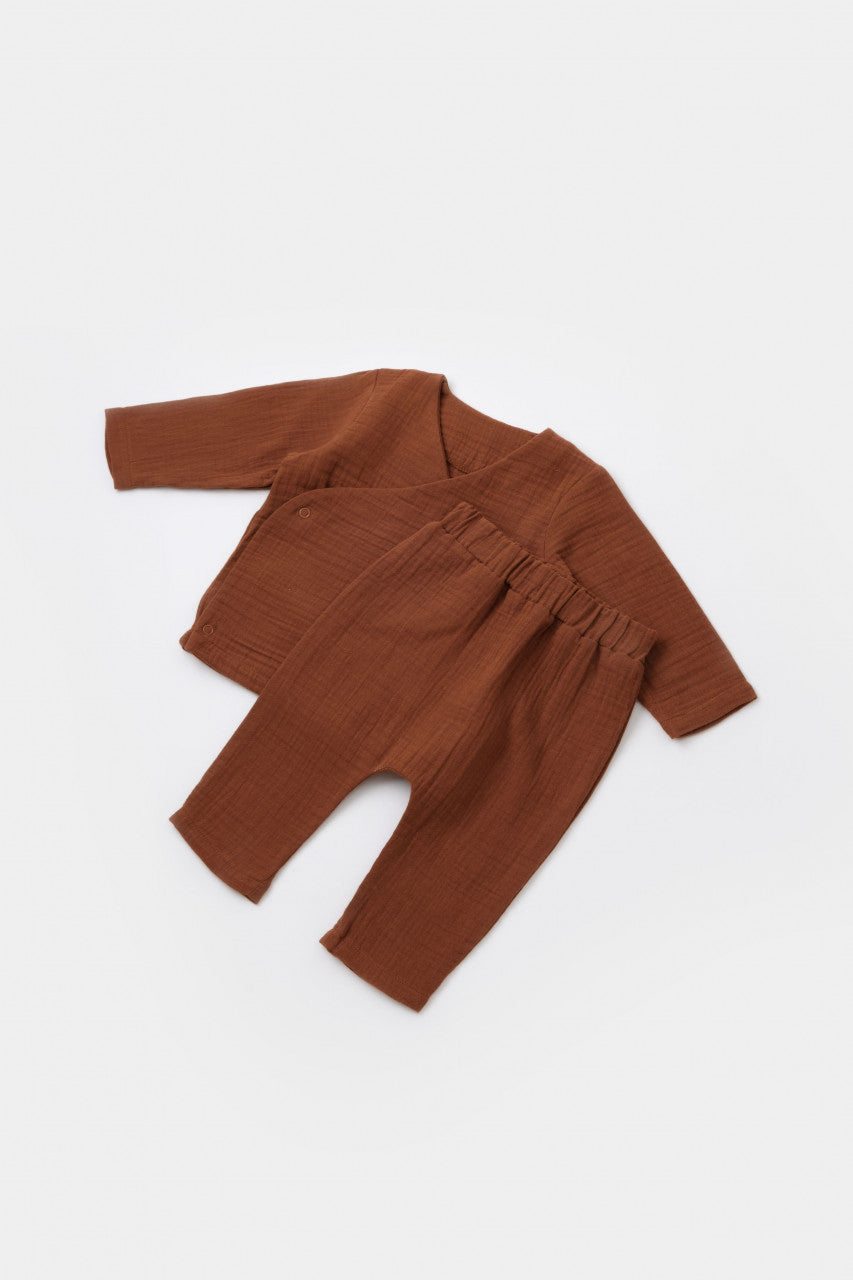 Set bluzita petrecuta si pantaloni lungi din muselina, BabyCosy, 100% bumbac organic, Caramiziu