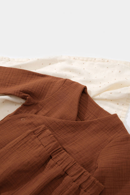 Set bluzita petrecuta si pantaloni lungi din muselina, BabyCosy, 100% bumbac organic, Caramiziu