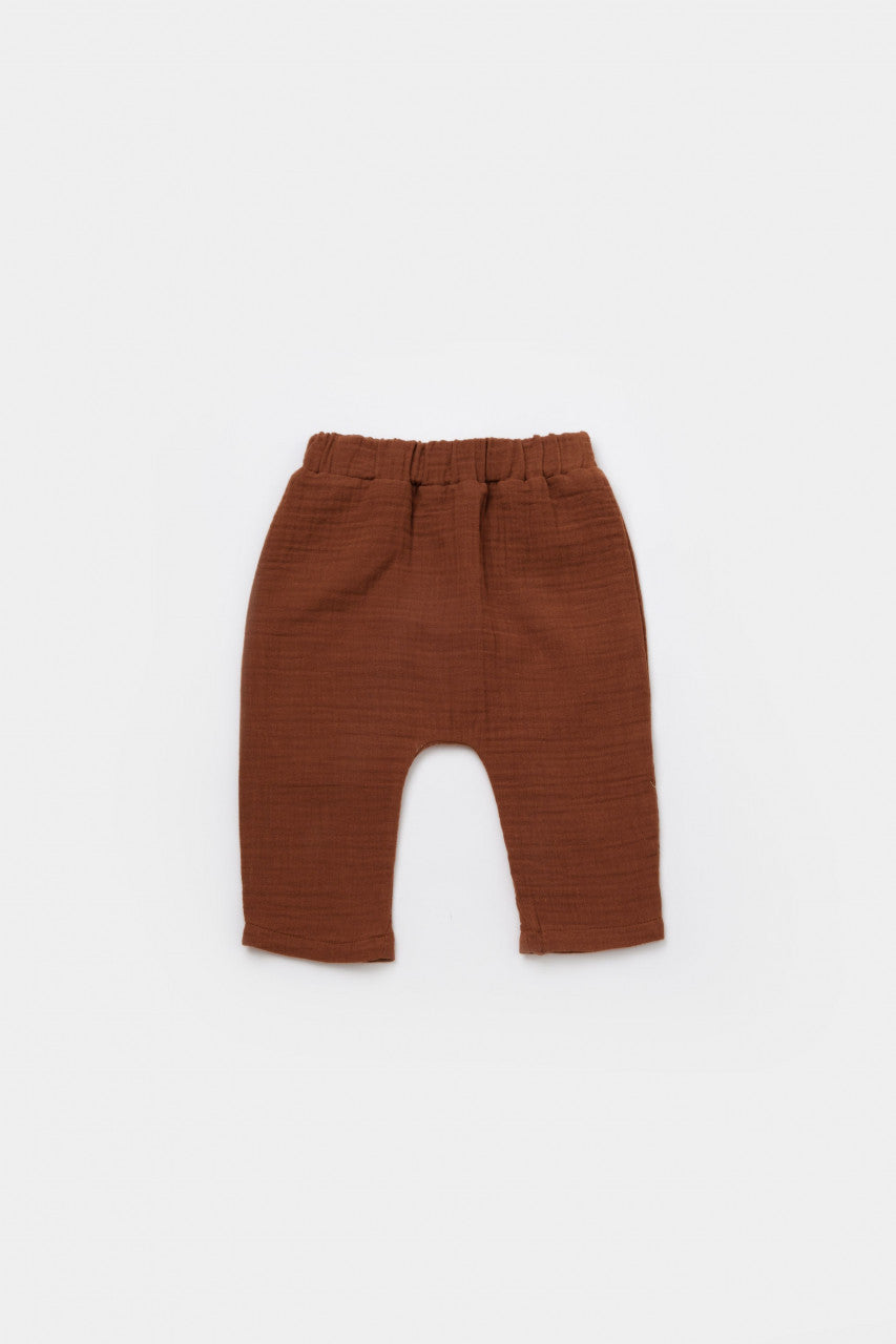 Set bluzita petrecuta si pantaloni lungi din muselina, BabyCosy, 100% bumbac organic, Caramiziu