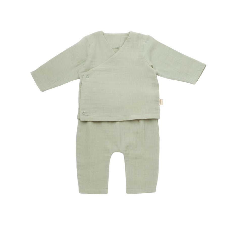 Set bluzita petrecuta si pantaloni lungi din muselina, BabyCosy, 100% bumbac organic, Verde