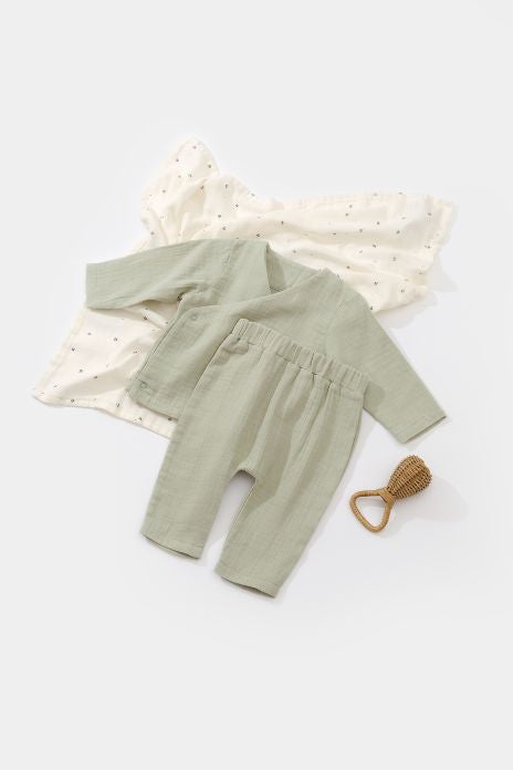 Set bluzita petrecuta si pantaloni lungi din muselina, BabyCosy, 100% bumbac organic, Verde - Bluza, Pantaloni