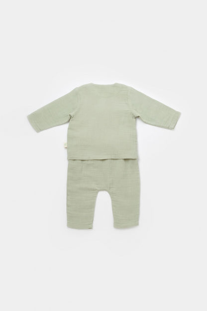 Set bluzita petrecuta si pantaloni lungi din muselina, BabyCosy, 100% bumbac organic, Verde