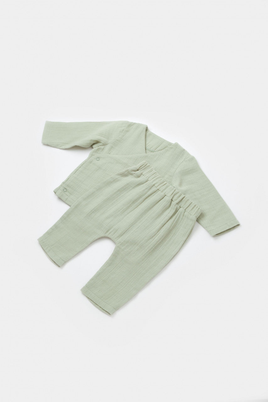 Set bluzita petrecuta si pantaloni lungi din muselina, BabyCosy, 100% bumbac organic, Verde