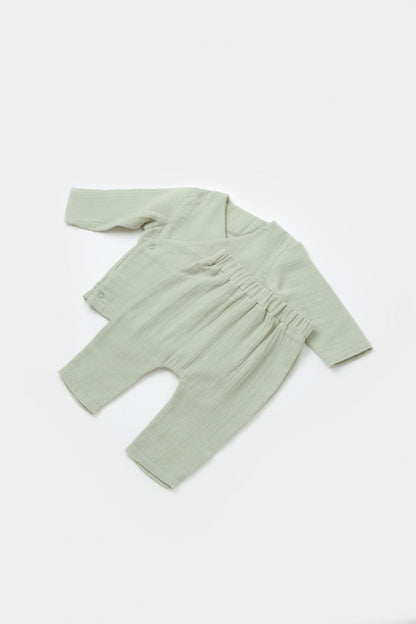 Set bluzita petrecuta si pantaloni lungi din muselina, BabyCosy, 100% bumbac organic, Verde