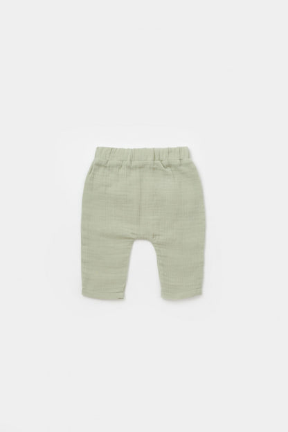 Set bluzita petrecuta si pantaloni lungi din muselina, BabyCosy, 100% bumbac organic, Verde