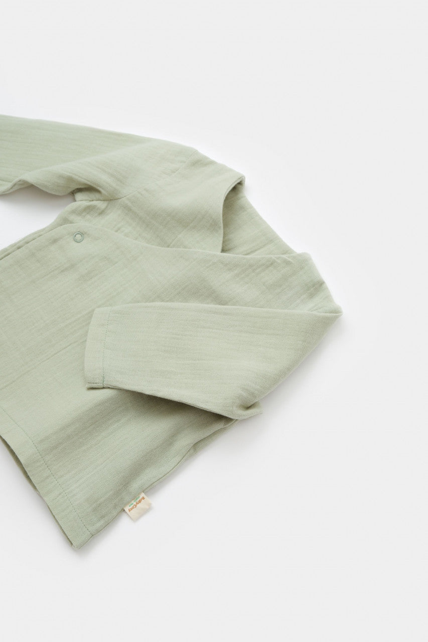 Set bluzita petrecuta si pantaloni lungi din muselina, BabyCosy, 100% bumbac organic, Verde