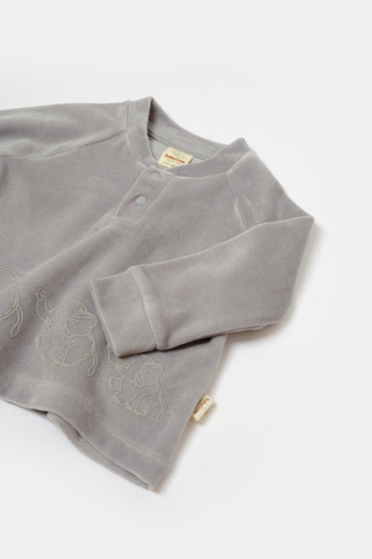 Set bluzita si pantaloni Elefant, 80%bumbac organic si 20% poliester - Gri, BabyCosy
