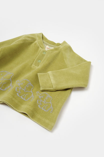 Set bluzita si pantaloni Elefant, 80%bumbac organic si 20% poliester - Verde, BabyCosy
