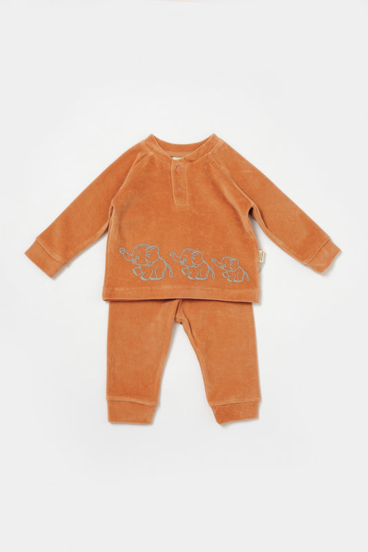 Set bluzita si pantaloni Elefant, 80%bumbac organic si 20% poliester - Caramiziu, BabyCosy - Bluza, Pantaloni