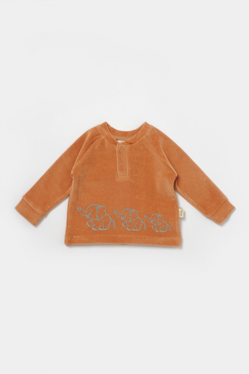 Set bluzita si pantaloni Elefant, 80%bumbac organic si 20% poliester - Caramiziu, BabyCosy