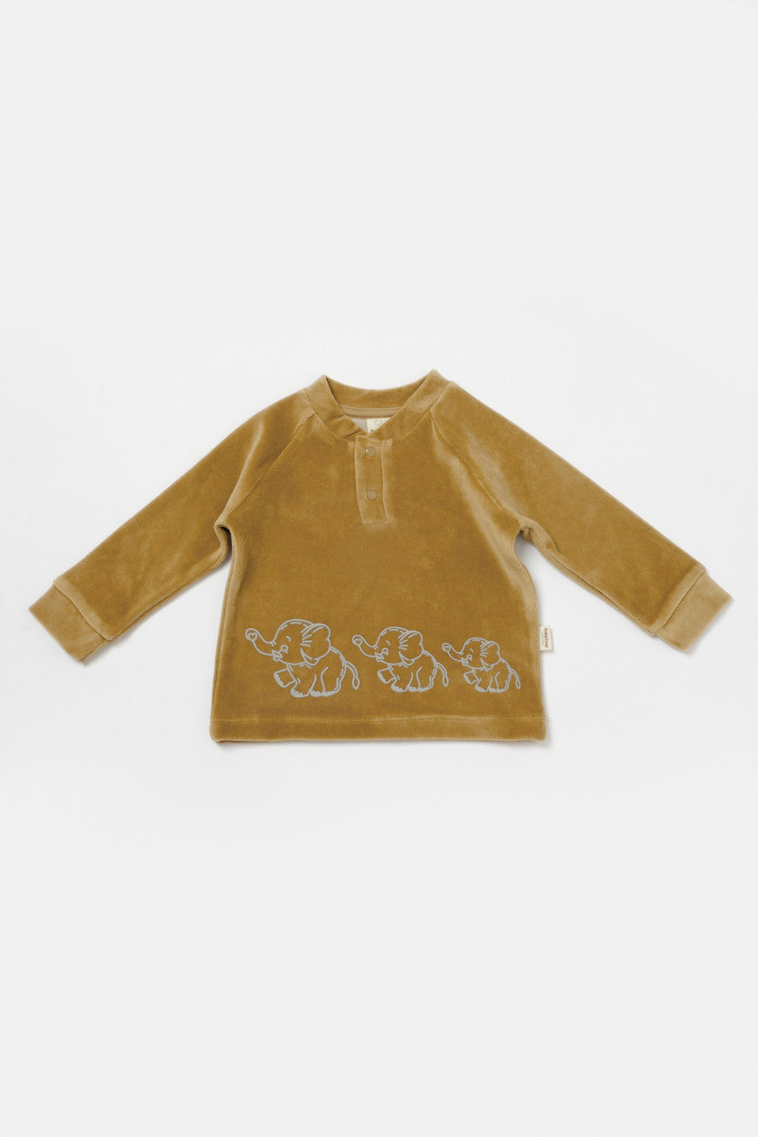 Set bluzita si pantaloni Elefant, 80%bumbac organic si 20% poliester - Mustar, BabyCosy
