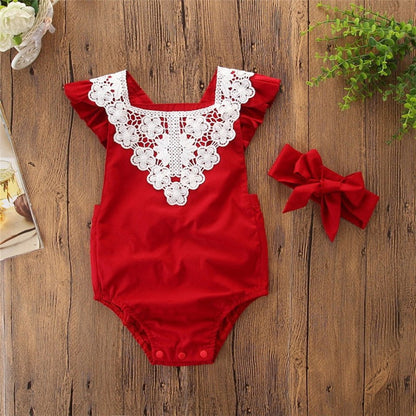 Set body rosu cu broderie si bentita Drool