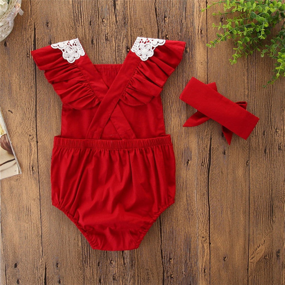 Set body rosu cu broderie si bentita Drool