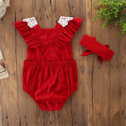 Set body rosu cu broderie si bentita Drool