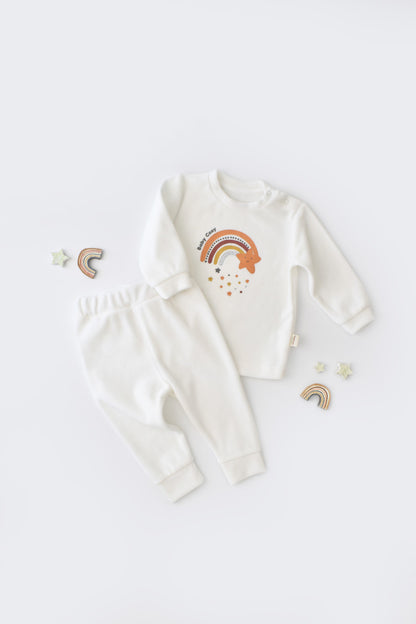 Set Curcubeu cu bluzita cu maneca lunga si pantaloni lungi din 80%bumbac organic si 20% poliester - Ecru, BabyCosy